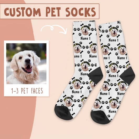 Foto und Name des Hundes, mit Knochen- und Paw-Dru Socken