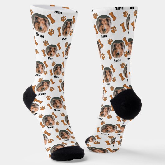 Foto und Name des Hundes, mit Knochen- und Paw-Dru Socken (Gewinkelt)