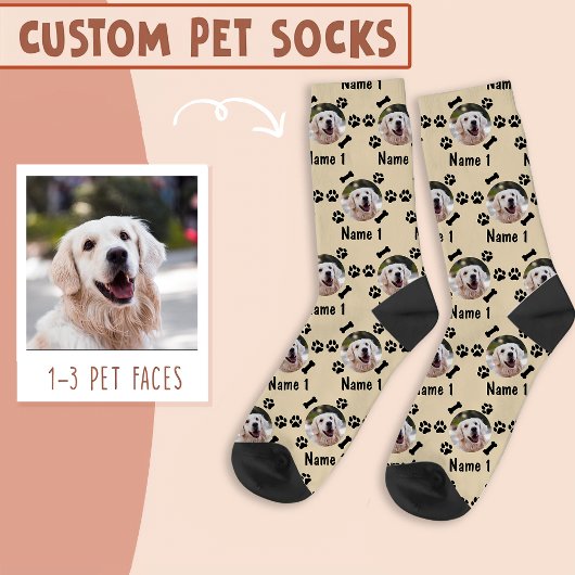 Foto und Name des Hundes mit Knochen- und Paw-Druc Socken