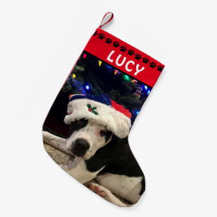 Foto und Name des Hundes   Red Black Paw Prints Kleiner Weihnachtsstrumpf
