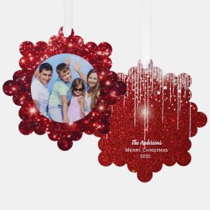 Foto und Name Roter Glitzer Ornament Karte