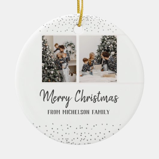 Foto und Name Weihnachten Confetti Silver Keramik Ornament (Vorne)
