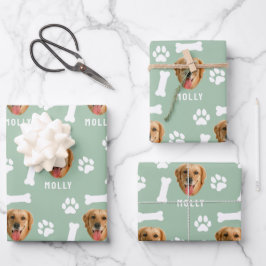 Foto- und Namenssage-Grün für Hunde Geschenkpapier Set