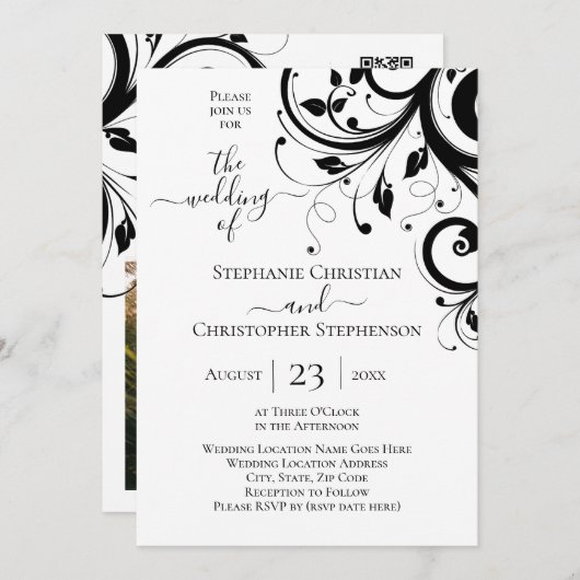 Foto und QR-Code für Schwarz-Weiß-Feigling Einladung (Vorne/Hinten)