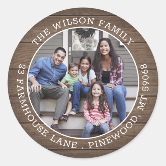 Foto und rustikale Rücksendeadresse Runder Aufkleber (Vorderseite)