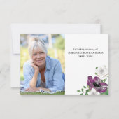 Foto und violette Blumen Begräbniskarte Dankeskarte (Rückseite)