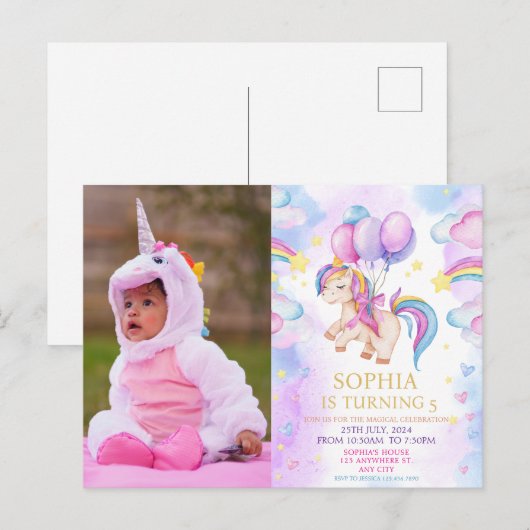 Foto Unicorn Rainbow Geburtstag Postkarte (Vorne/Hinten)