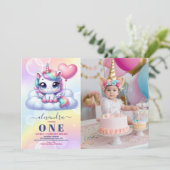 Foto Unicorn Regenbogen Glitzern Gold 1. Geburtsta Einladung (Stehend Vorderseite)