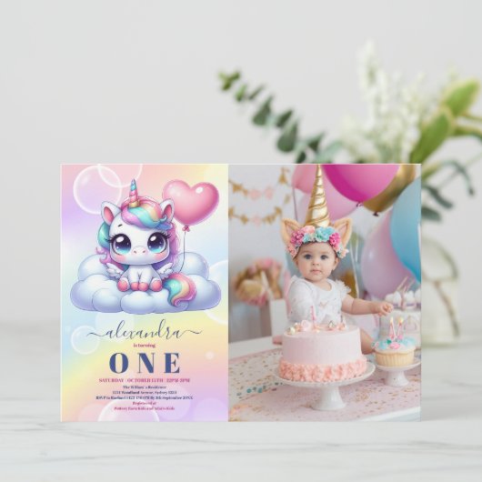 Foto Unicorn Regenbogen Glitzern Gold 1. Geburtsta Einladung (Stehend Vorderseite)