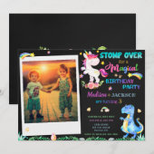 Foto Unicorn und Dinosaurier Einladung zum Geburts (Vorne/Hinten)
