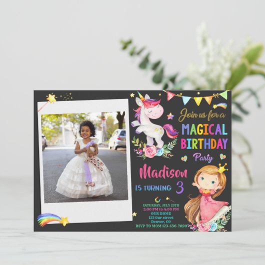Foto Unicorn und Prinzessin Einladung zum Geburtst (Stehend Vorderseite)