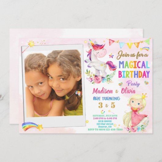 Foto Unicorn und Prinzessin Einladung zum Geburtst (Vorne/Hinten)