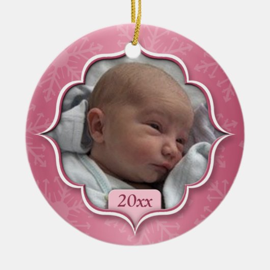 Foto-Verzierung des Babys rosa erstes Weihnachts Keramikornament (Vorne)