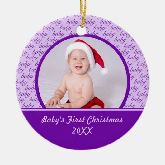 Foto-Verzierung des lila Babys erste Weihnachts Keramik Ornament (Vorne)