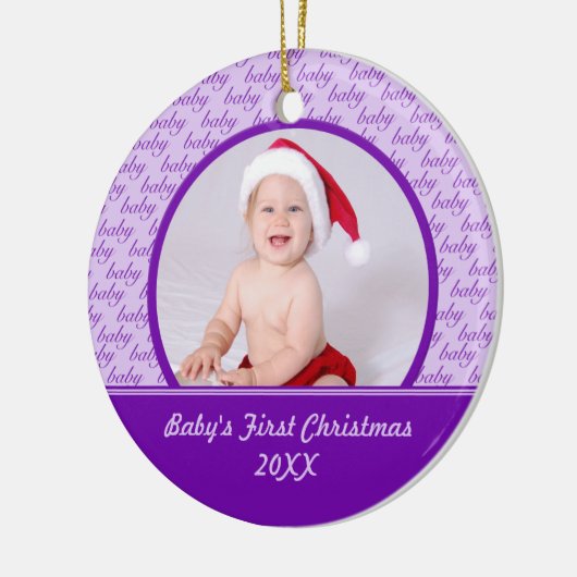 Foto-Verzierung des lila Babys erste Weihnachts Keramik Ornament (Links)