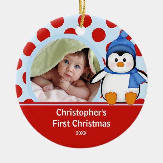 Foto-VerzierungPenguin des Babys erster Weihnachts Keramik Ornament (Vorne)