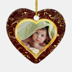 Foto-Verzierungs-Herz-Gold des Babys erstes Keramikornament