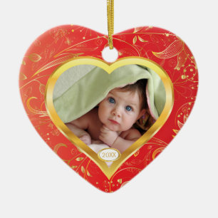 Foto-Verzierungs-Herz-Rot des Babys erstes Keramikornament