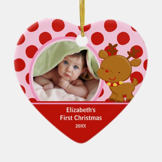 Foto-Verzierungs-Ren des Babys erstes Weihnachts Keramik Ornament (Vorne)