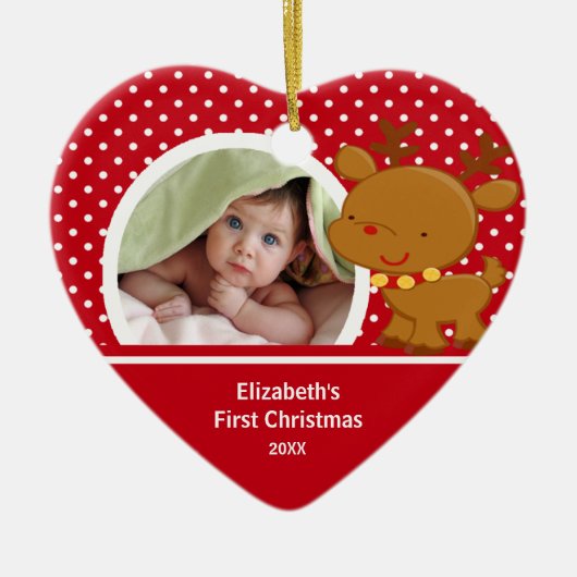 Foto-Verzierungs-Ren des Babys erstes Weihnachts Keramikornament (Vorne)