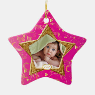 Foto-Verzierungs-Stern-Rosa des Babys erstes Keramikornament