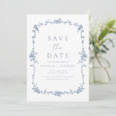 Foto Viktorianisch Floral Dusty Blue Französisch H Save The Date (Stehend Vorderseite)