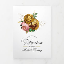 Foto Vintag Blush and Gold Floral Quinceñera Dreifach Gefaltete Einladung