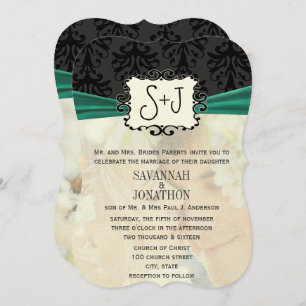Foto Vintag Damask Emerald Green Black Wedding Einladung