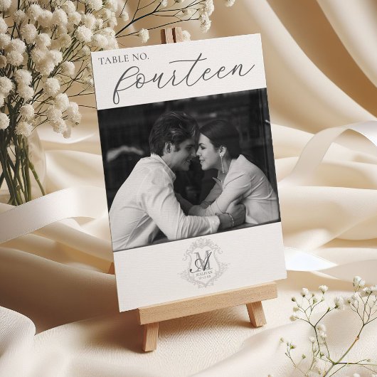 Foto Vintag Monogram Wappen Hochzeit Tischnummer