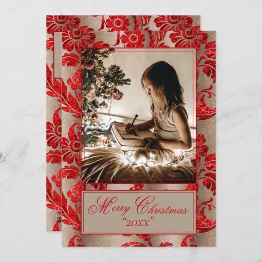 Foto Vintag Red Damask Holiday Feiertagskarte (Vorne/Hinten)