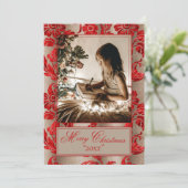 Foto Vintag Red Damask Holiday Feiertagskarte (Stehend Vorderseite)