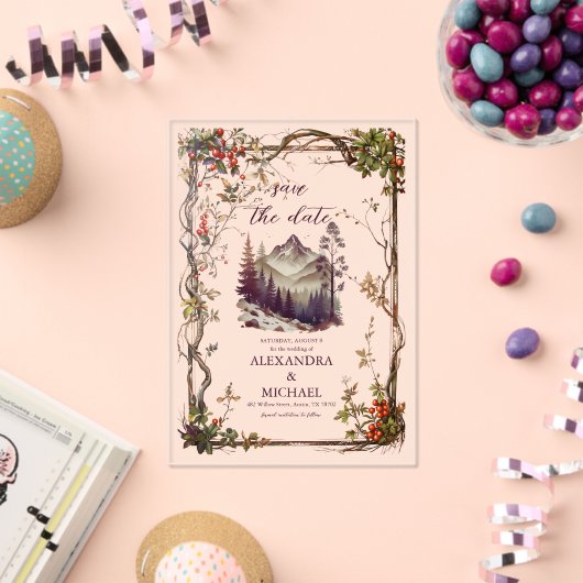 Foto Vintager Bergwald Evergreen Wedding Acryleinladungen (Insitu (Feier))