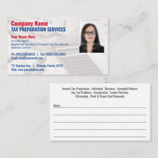 Foto-Visitenkarte für die Steuervorbereitung Visitenkarte (Vorne/Hinten)