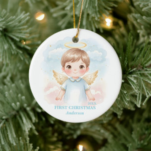 Foto vom ersten Weihnachten des Babyjungen, blauer Keramik Ornament