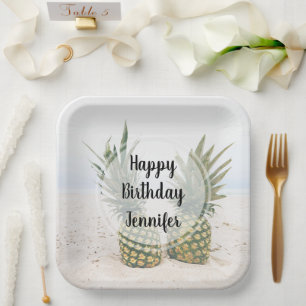 Foto von 2 Ananas auf einem Strand-Geburtstag Pappteller