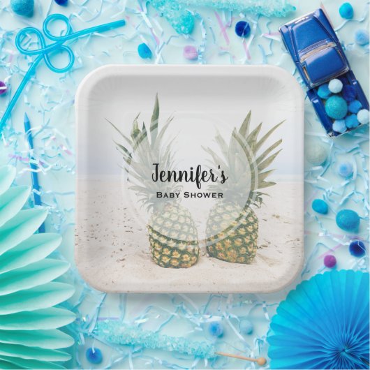 Foto von 2 Ananas auf einer Beach Baby Dusche Pappteller (Party)