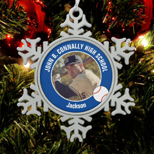 Foto von blauem Baseballspieler mit High-School-Ge Schneeflocken Zinn-Ornament