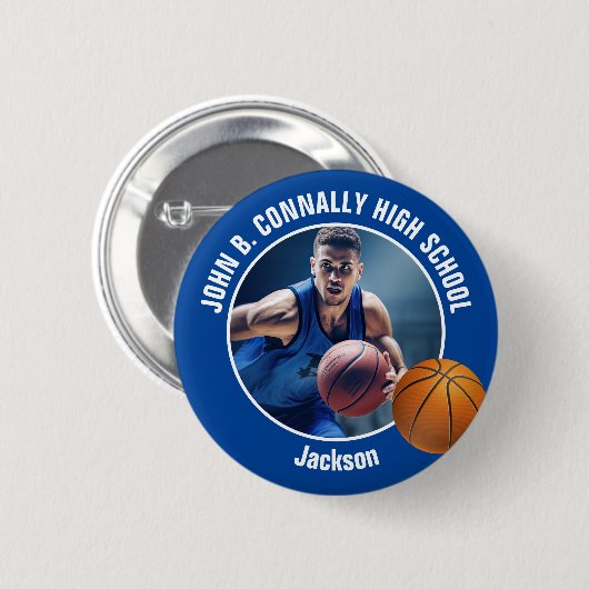 Foto von blauem Basketballspieler mit High-School- Button (Vorne & Hinten)