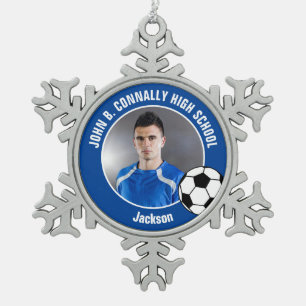 Foto von blauem Fußballspieler mit High-School-Gei Schneeflocken Zinn-Ornament