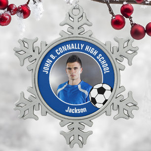 Foto von blauem Fußballspieler mit High-School-Gei Schneeflocken Zinn-Ornament