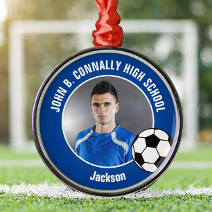 Foto von blauem Fußballspieler Weihnachten an der  Ornament Aus Metall