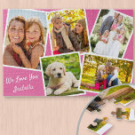 Foto von Collage 5 Pictures and Custom Text - Pink Puzzle<br><div class="desc">Personalized jigsaw puzzle - add 5 of your favorite - fotos und your custom text. Die Design Feys haben Bilder von 5 Pictures, each with a white frame. Die Fotos sind pink background and your custom wording is lettered in neat script typography. The sample wording reads "we love you [name]"...</div>