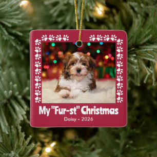Foto von den Pfotenabdrücken des ersten Weihnachts Keramikornament