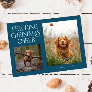 Foto von einem Hund, der Weihnachtsfreude holt in  Feiertagskarte
