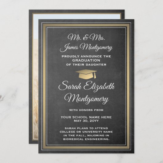 Foto von Eltern Chalkboard und Gold Abschluss Ankündigung (Vorne/Hinten)