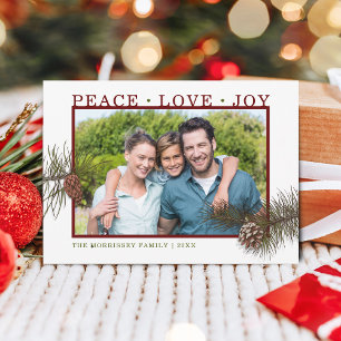 Foto von Frieden Liebe Freude Zapfen Feiertagskarte