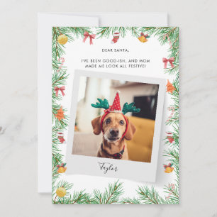 Foto von Haustierhund unartig oder brav Weihnachte Feiertagskarte