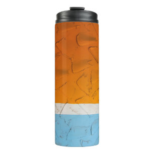 Foto von orangefarbenen, weißen und blauen Bildern Thermosbecher