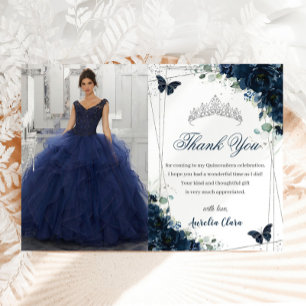 Foto von Quinceañera Navy Blue Floral Butterfells Dankeskarte