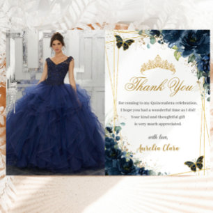 Foto von Quinceañera Navy Blue Floral Butterfells Dankeskarte
